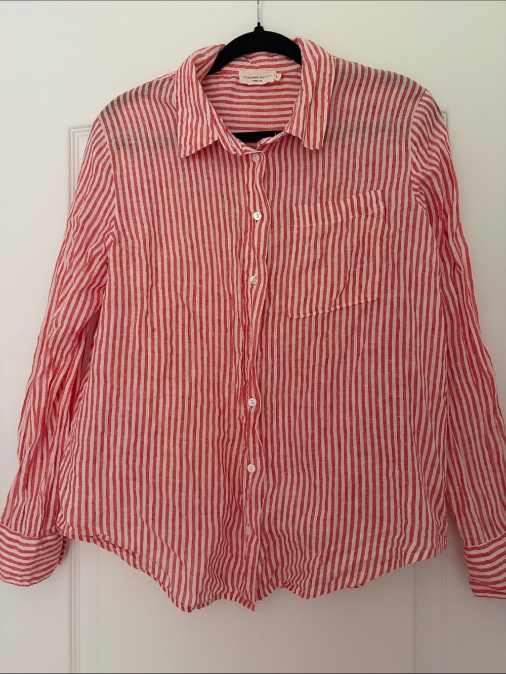 Women's Red & White Striped Button-Front Blouse 100% lin
